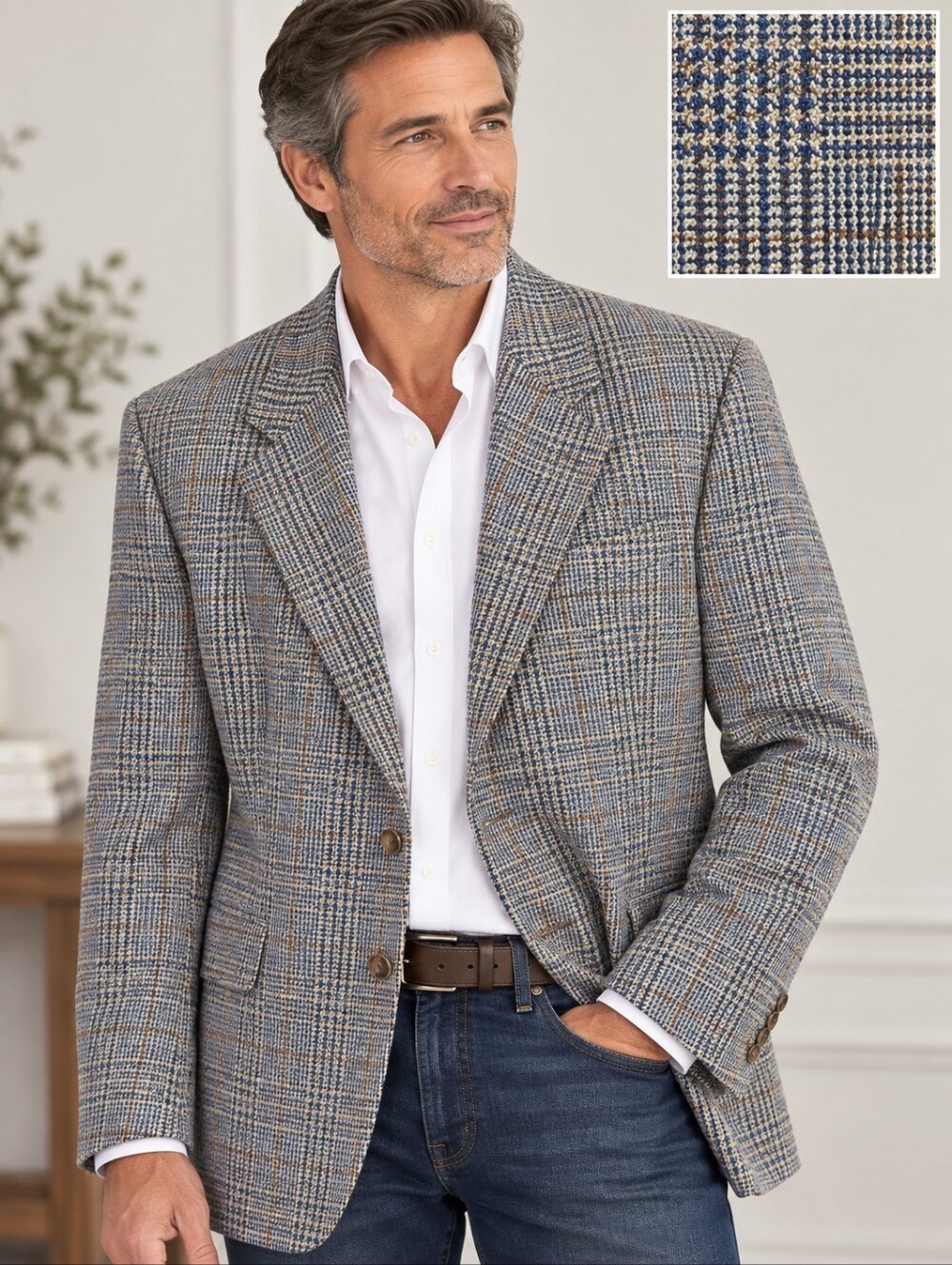 Vito Rufalo Brown Glen Plaid Wool Silk Made In Italy 2 Button Blazer. Mens 52R